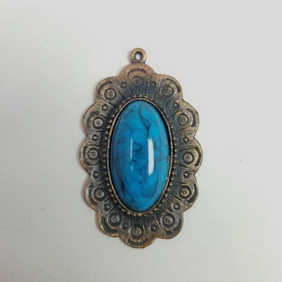 Vintage Big Blue Cabochon Pendant, Oval Shape, Retro Statement, Estate - Picture 6 of 6